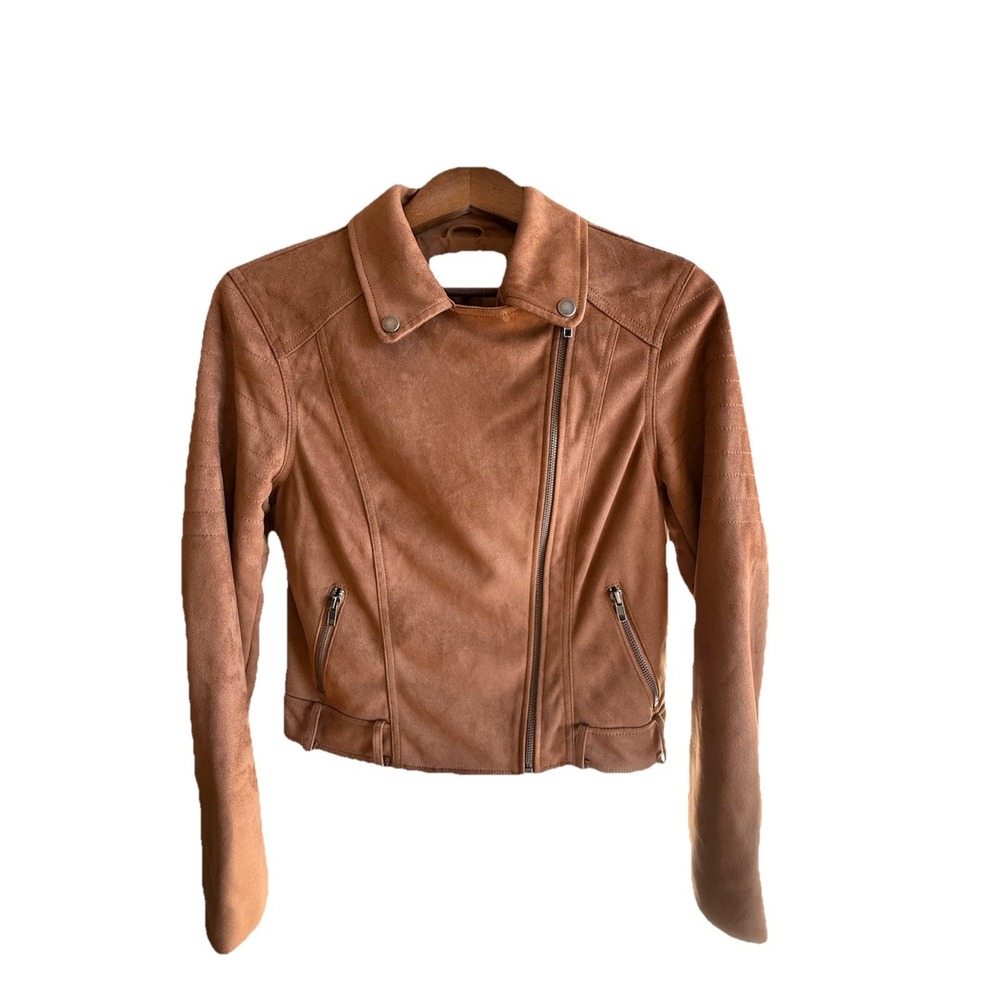 Cupcakes and Cashmere Brown Moto Jacket Womens Medium Cropped Biker Faux Suede - Picture 11 of 16